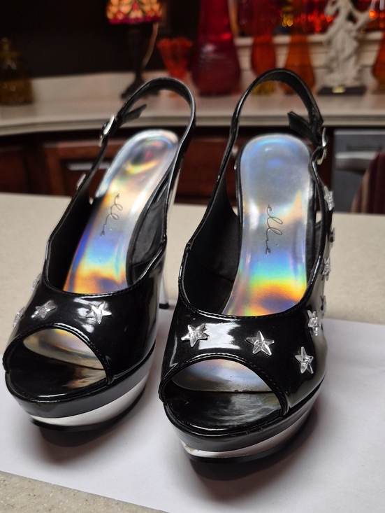 Elle Shoes - Elle Black Patent Star-Embellished Slingback Platform Heels